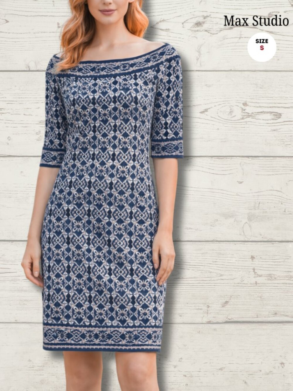 Max Studio Blue & Beige Patterned Dress | Size Small | Knee-Length